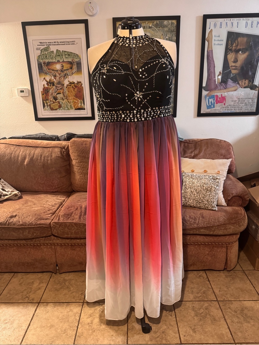 Plus Sz Corset Back Embellished Black Halter Ombre Evening Gown